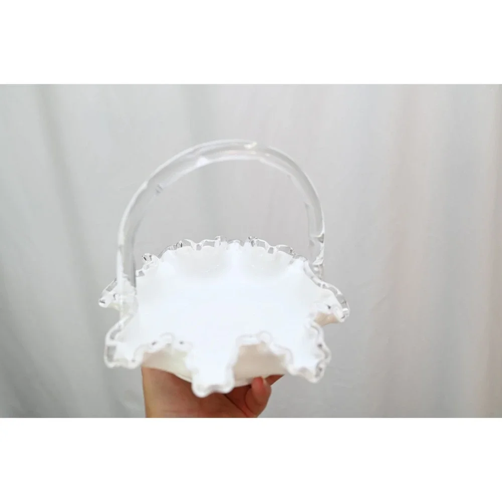 Fenton Silvercrest Ruffled Milk Glass Basket Clear Edge Vintage Art Glass 7.25